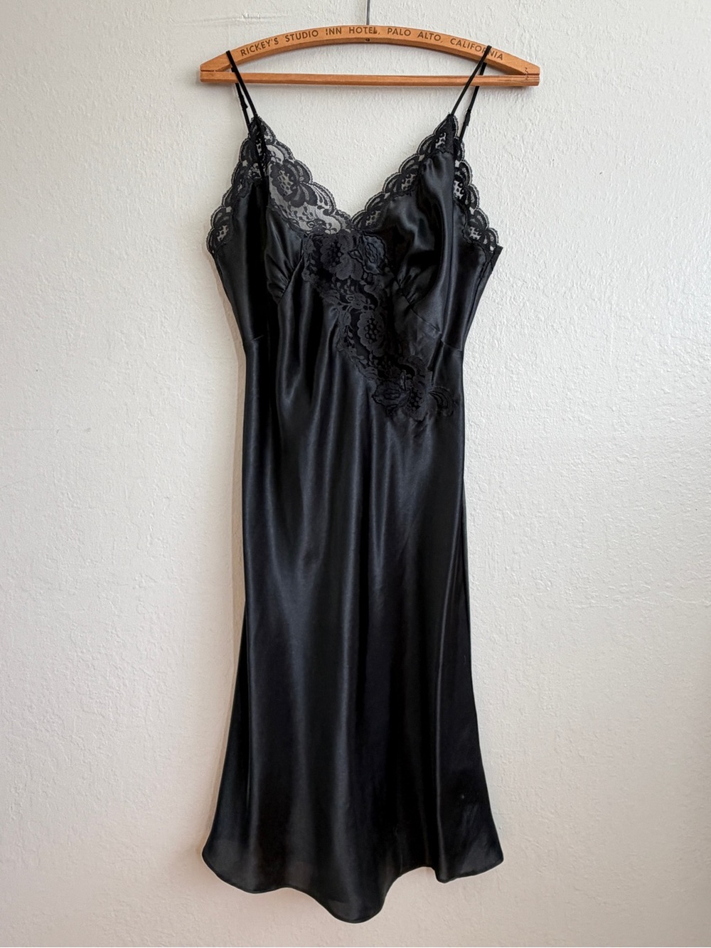 Black Satin Lace Midi Slip Dress 90s Coquette Size M
